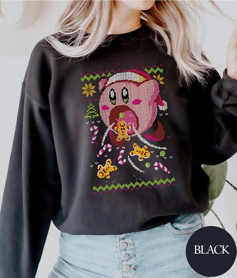 Pink Kirby Ugly Christmas Sweater - Kawaii Sweatshirt Gift - Adorable Hungry Kirby with Sweets and Cookies - Festive Holiday Attire