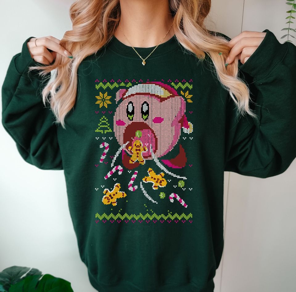 Pink Kirby Ugly Christmas Sweater - Kawaii Sweatshirt Gift - Adorable Hungry Kirby with Sweets and Cookies - Festive Holiday Attire