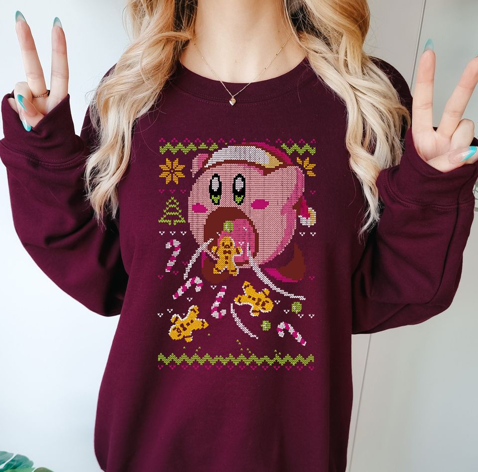 Pink Kirby Ugly Christmas Sweater - Kawaii Sweatshirt Gift - Adorable Hungry Kirby with Sweets and Cookies - Festive Holiday Attire