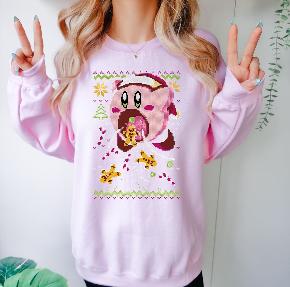 Pink Kirby Ugly Christmas Sweater - Kawaii Sweatshirt Gift - Adorable Hungry Kirby with Sweets and Cookies - Festive Holiday Attire
