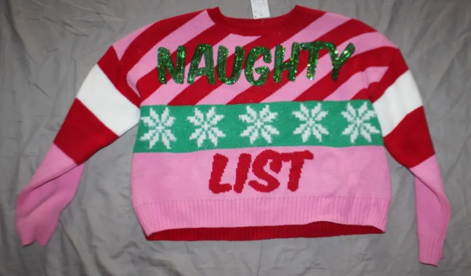 33 Degrees Ugly Christmas Sweater Womens Sequin Naughty list  Size L