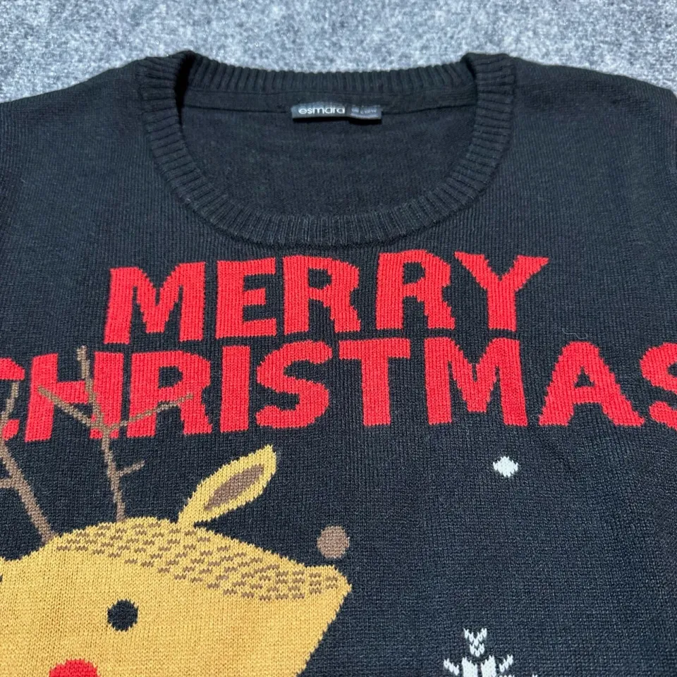 NEW Esmara Ugly Sweater Mens Large Black Knit Pullover Reindeer Merry Christmas