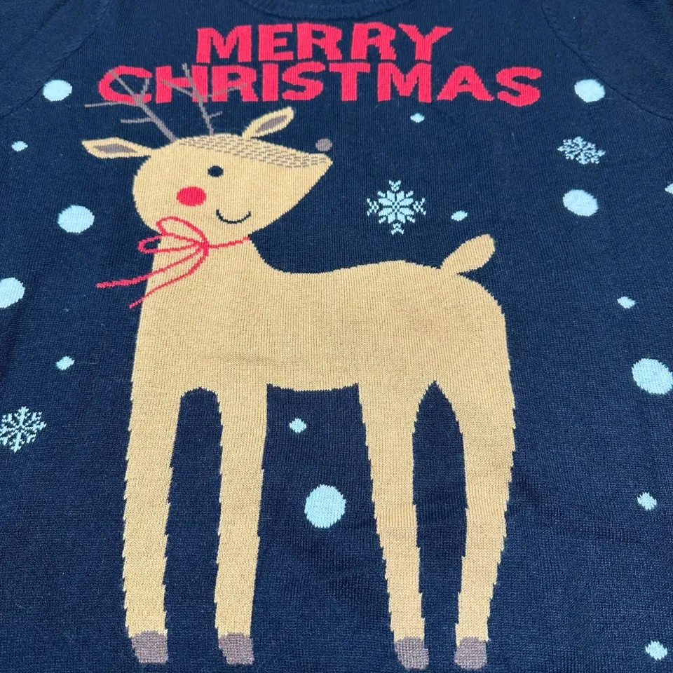 NEW Esmara Ugly Sweater Mens Large Black Knit Pullover Reindeer Merry Christmas