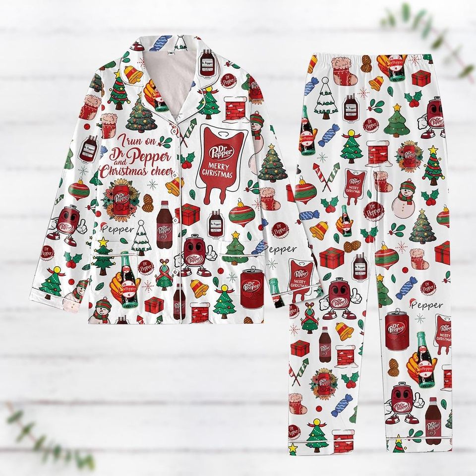 Christmas Dr Pepper Pajamas Set, I Run On Dr Pepper And Christmas Cheer Pajamas Set, Drinking Xmas Pajamas, Dr Pepper Holiday Pajamas