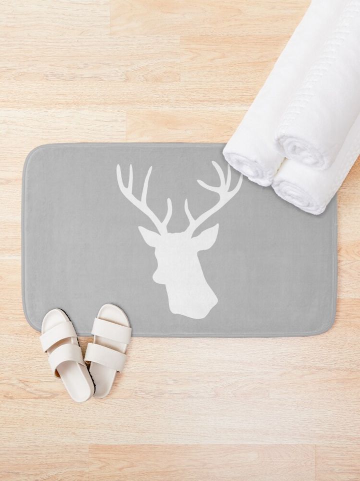 Grey Stag Deer Head Silhouette - Gray Reindeer Bath Mat