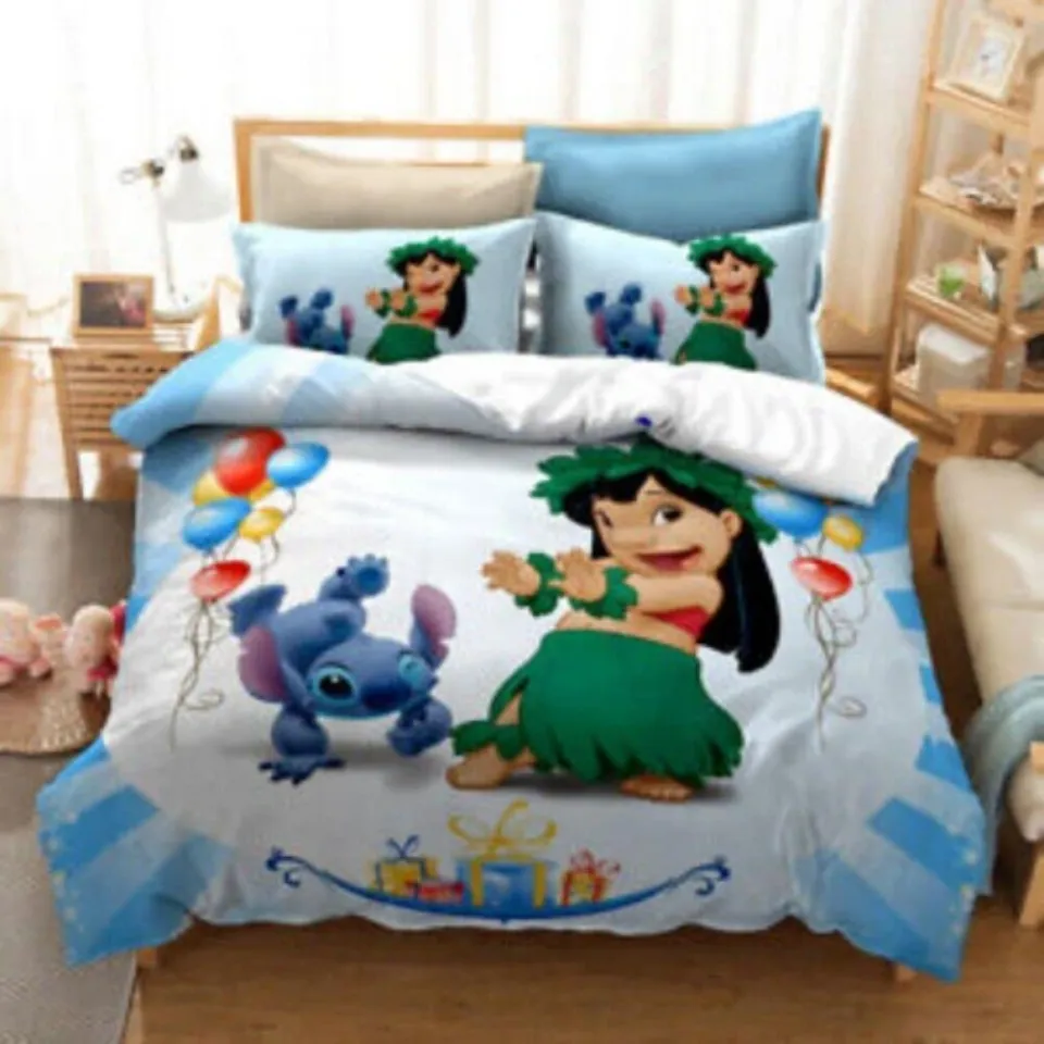 Cartoon Stitch Blue Flowers Bedding Set | Cartoon Bedding Set | Gift For Kids
