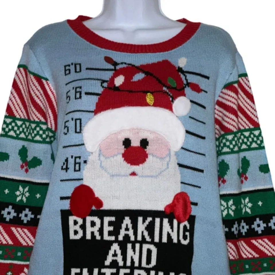 NWT No Boundaries Christmas Sweater Junior L 11 13 Jailbird Santa Pullover Funny