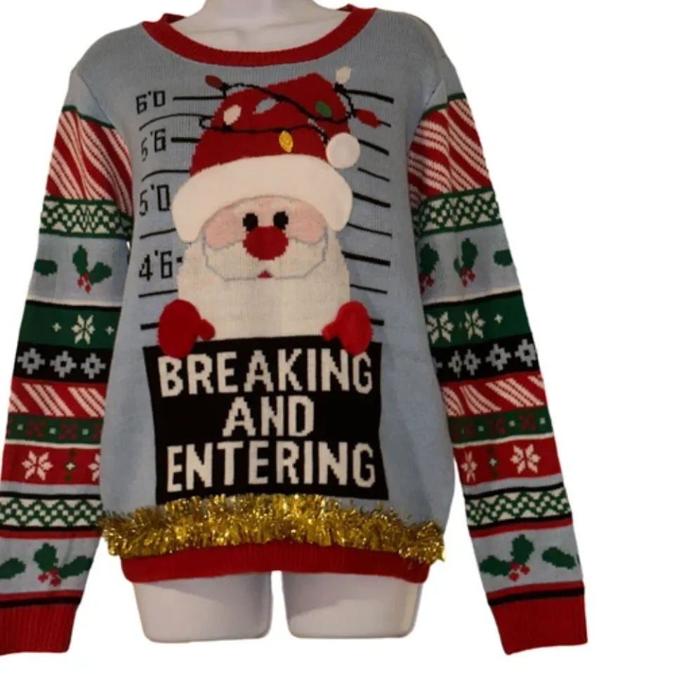 NWT No Boundaries Christmas Sweater Junior L 11 13 Jailbird Santa Pullover Funny