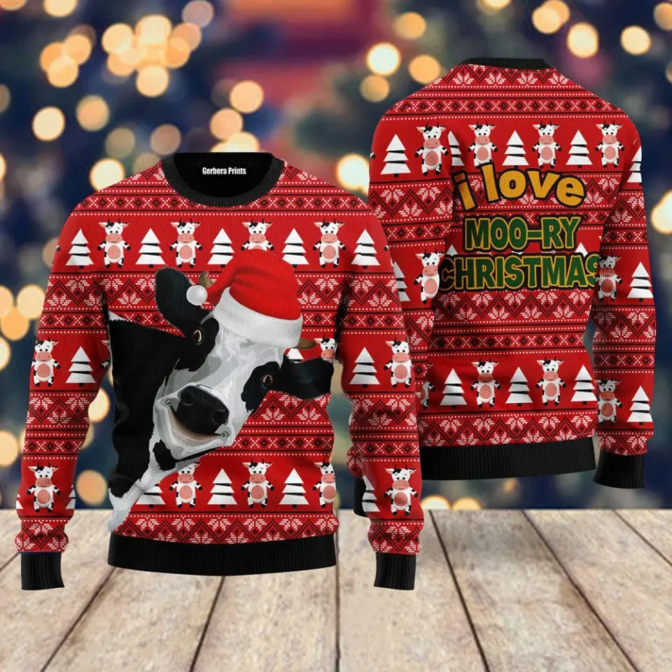 Funny Cow Moory Christmas Pattern Ugly Christmas Sweater Lightweight Xmas Gift