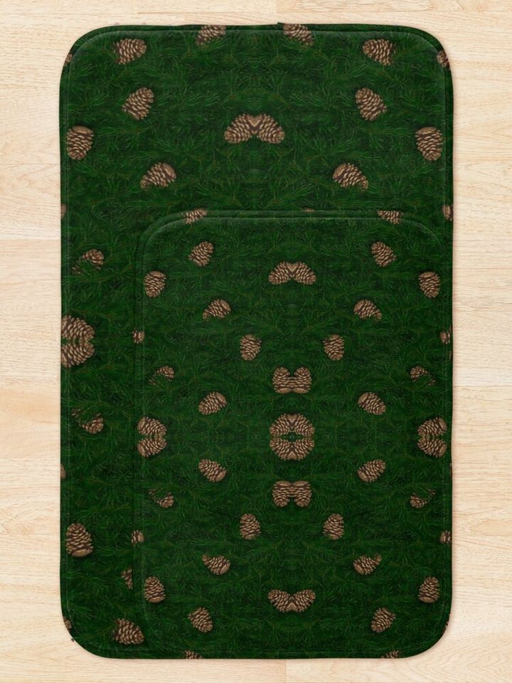 Natural Pinecones On Green Grass Background Bath Mat