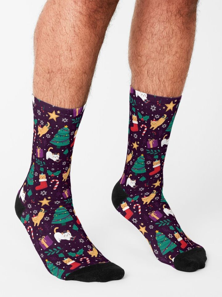 Cute Cats Christmas Tree Pattern Socks