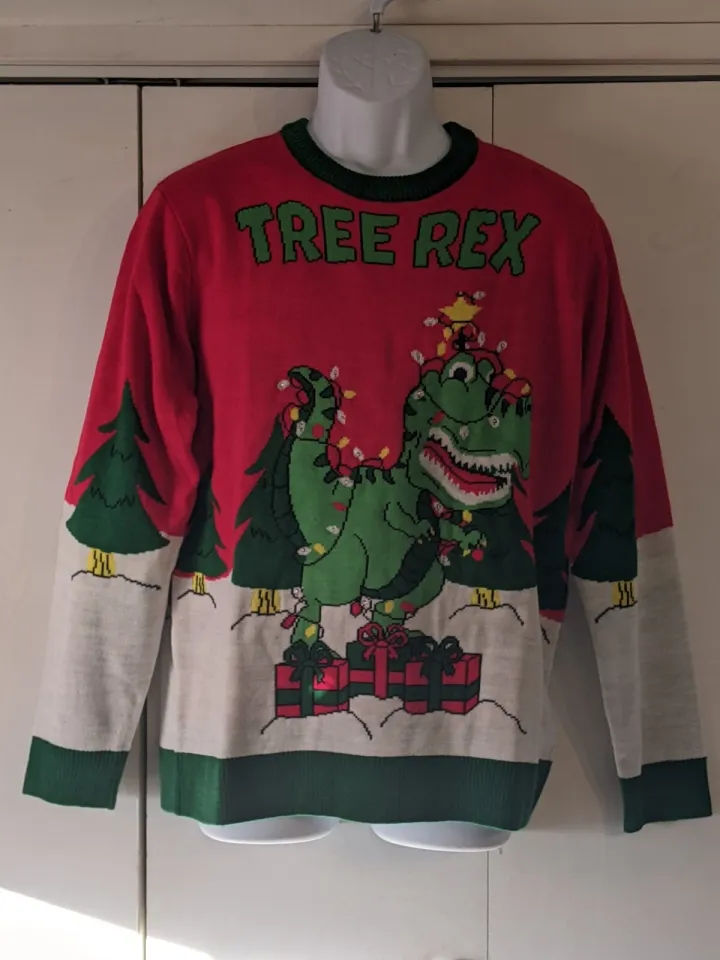 MWT Ugly Christmas Sweater Dinosaur Tree Rex Medium Light Up Fun Novelty Party