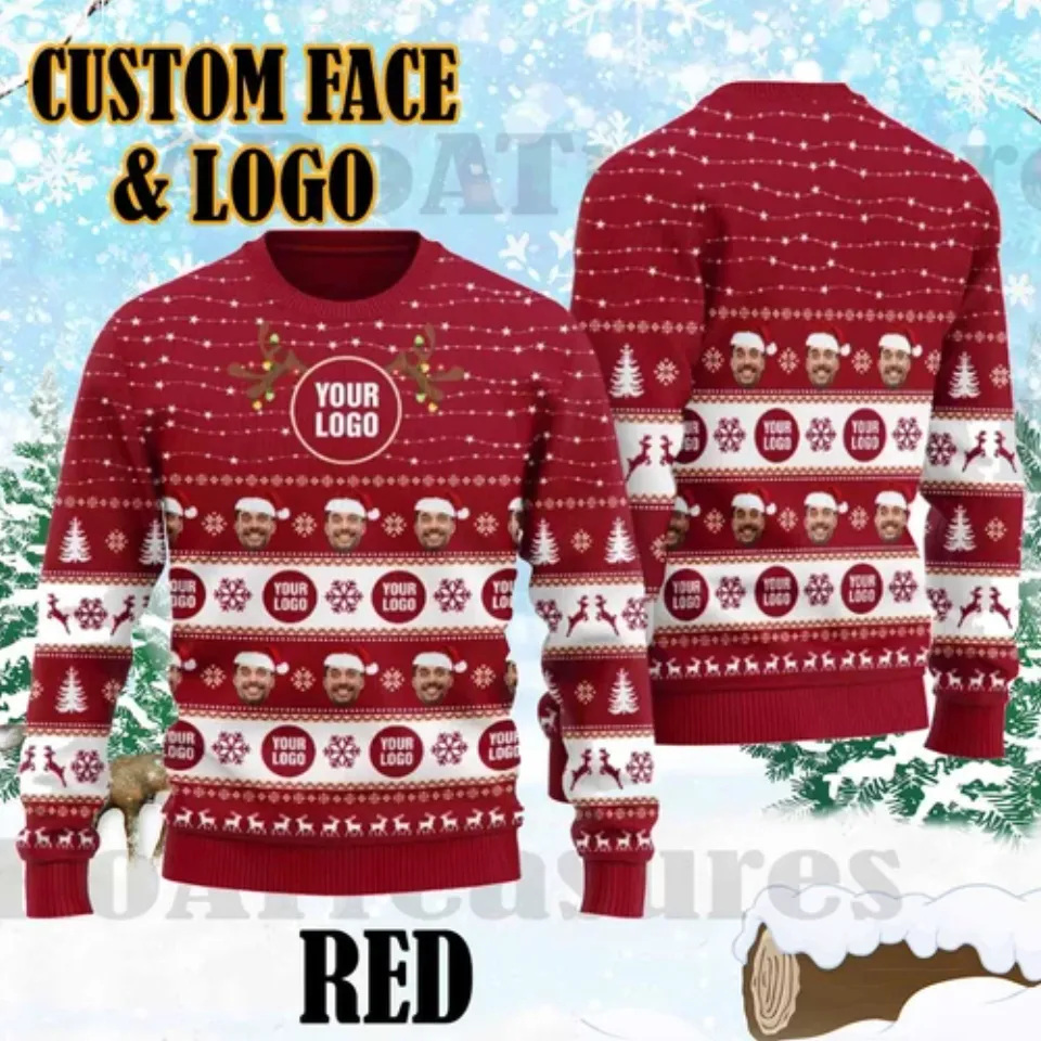 Personalized Custom Face  amp; Logo 3D Ugly Christmas Sweater, Custom Company Logo