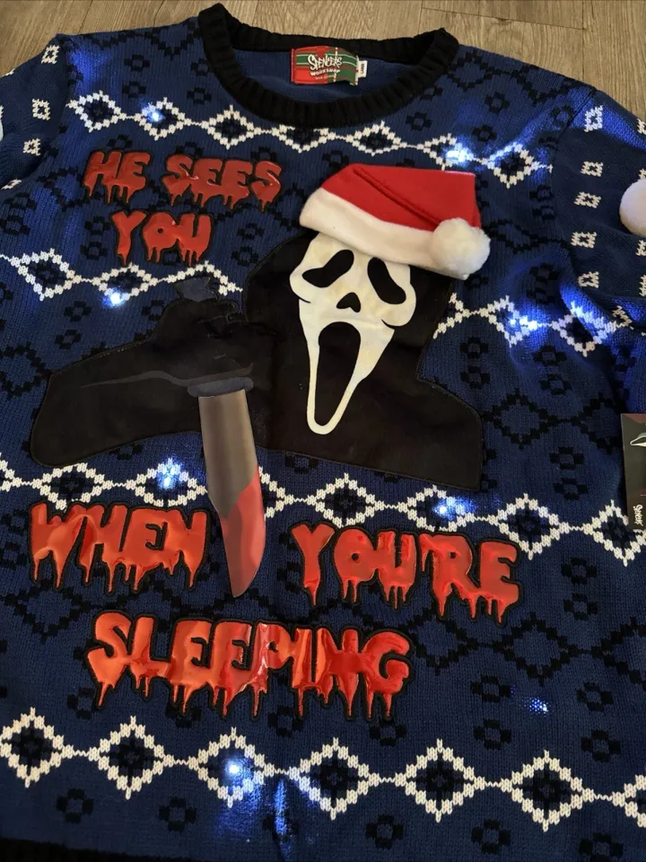 Scream Ghost Face Christmas Ugly Sweater Size Large Light Up And Screaming Sound