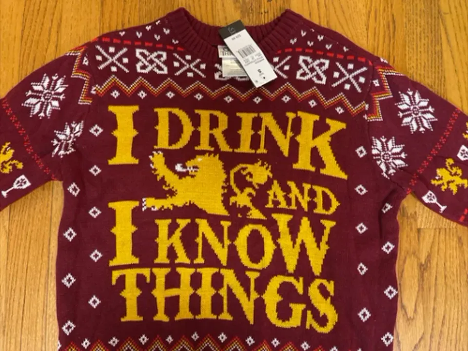 I Drink & I Know Things Game Of Thrones Ugly Christmas Sweater Men's Medium NWT