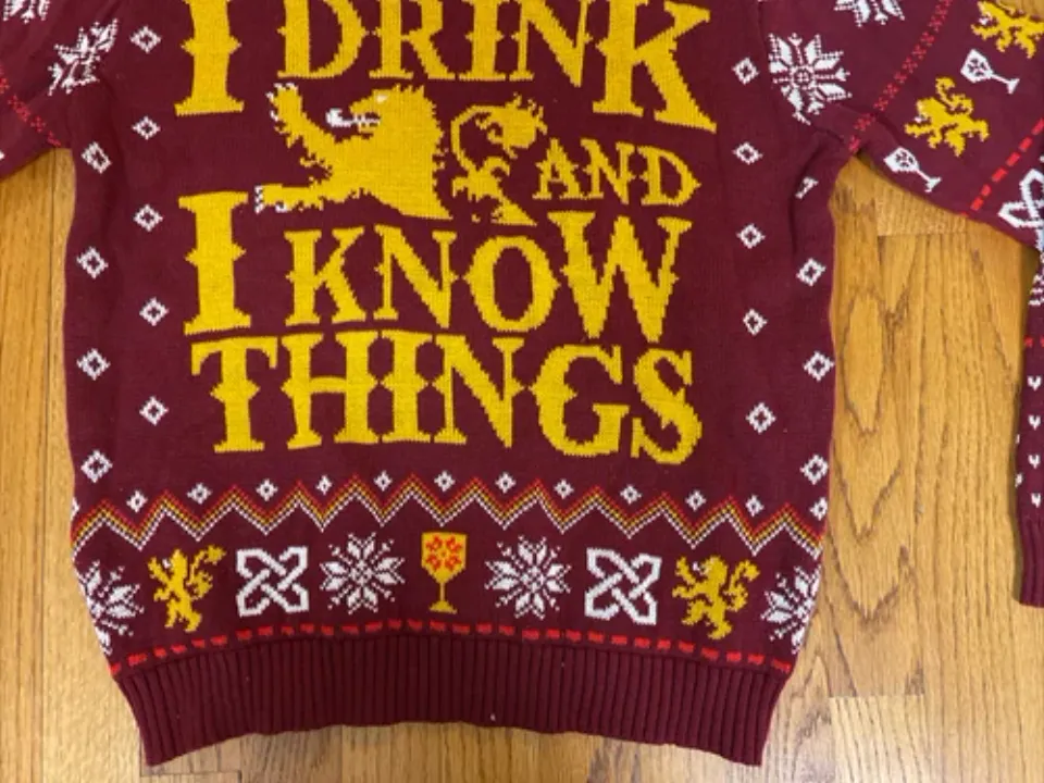 I Drink & I Know Things Game Of Thrones Ugly Christmas Sweater Men's Medium NWT