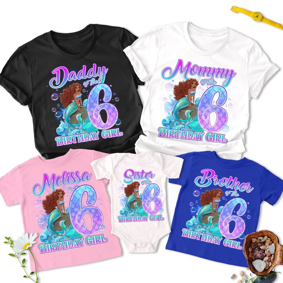 Personalized Little Black Mermaid Birthday Family Matching Shirt, Movie Birthday Girl Shirt, Mermaid Movie Black Girl Tee, Birthday Gift RE