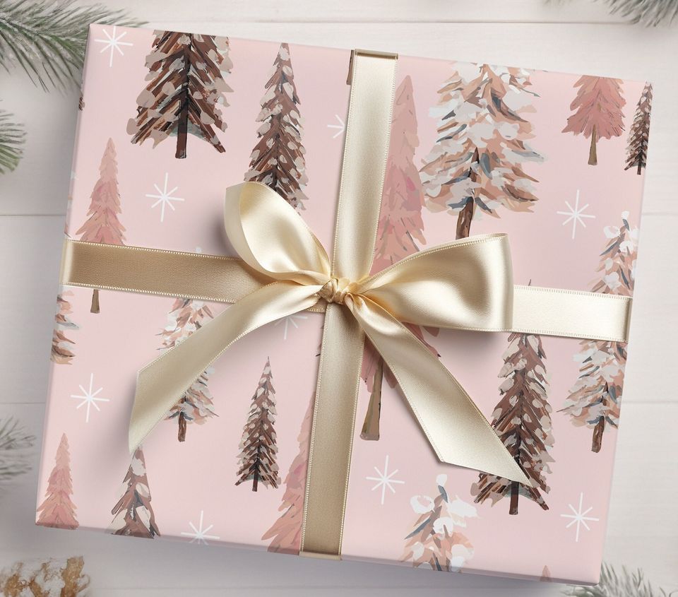 Pink Christmas Tree Wrapping Paper, Merry Christmas Wrapping Paper, Vintage Gift Wrap, Christmas gift wrap