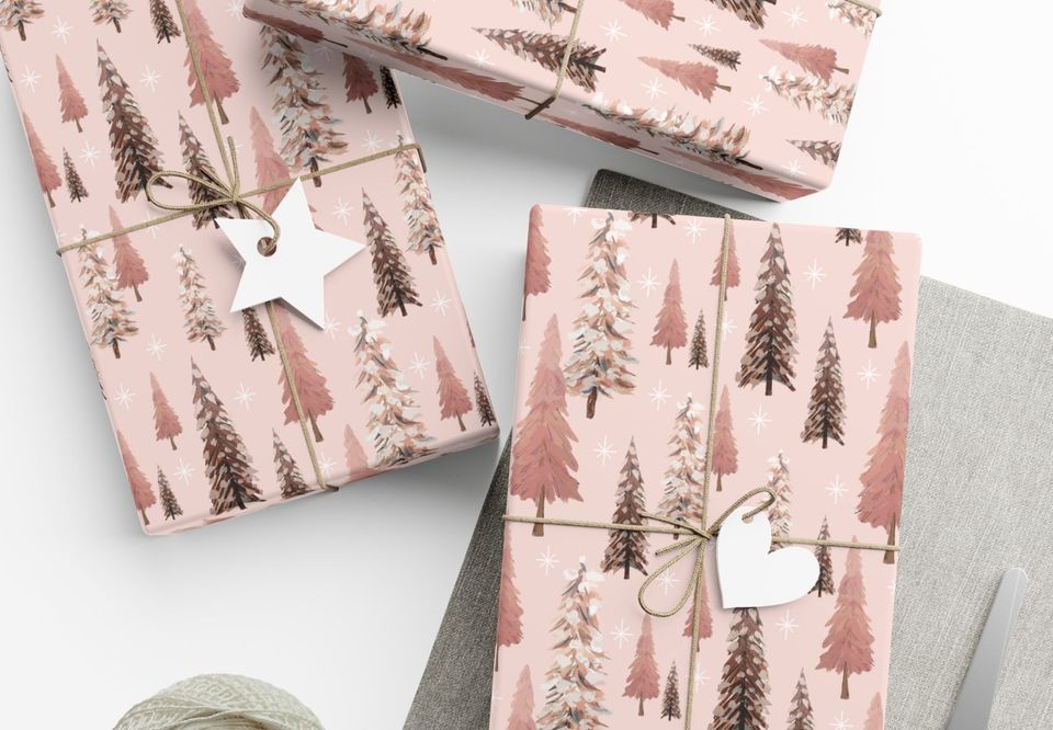 Pink Christmas Tree Wrapping Paper, Merry Christmas Wrapping Paper, Vintage Gift Wrap, Christmas gift wrap