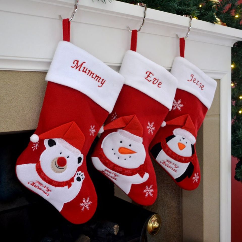 Personalised Embroidered 3D Character Luxury Christmas Stocking with Polar Bear, Penguin or Snowman