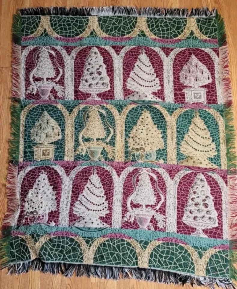 Stained Glass Knit Woven Throw Blanket Tapestry Christmas Tree 55"×44"