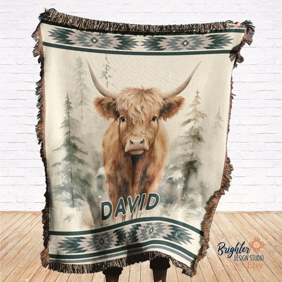 Personalized Highland Cow Woven Blanket