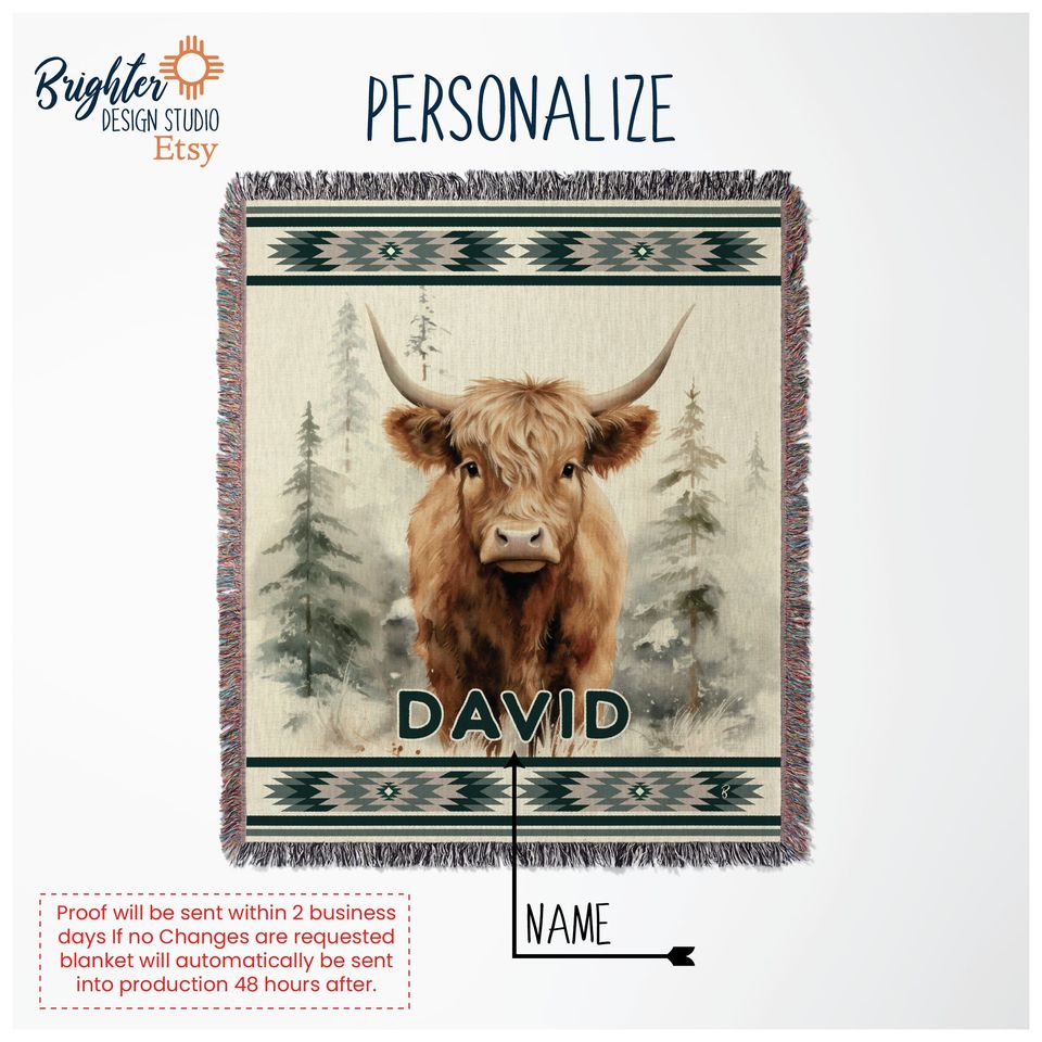 Personalized Highland Cow Woven Blanket