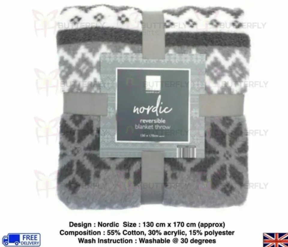 Luxury Soft Thick Warm Brushed Cotton Festive Christmas White Grey Blanket Throw