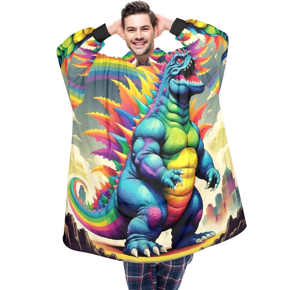 Blanket Hoodie blankets hoodie that is a blanket Retro Goddzilla Goji Kaiju Rainbow Art