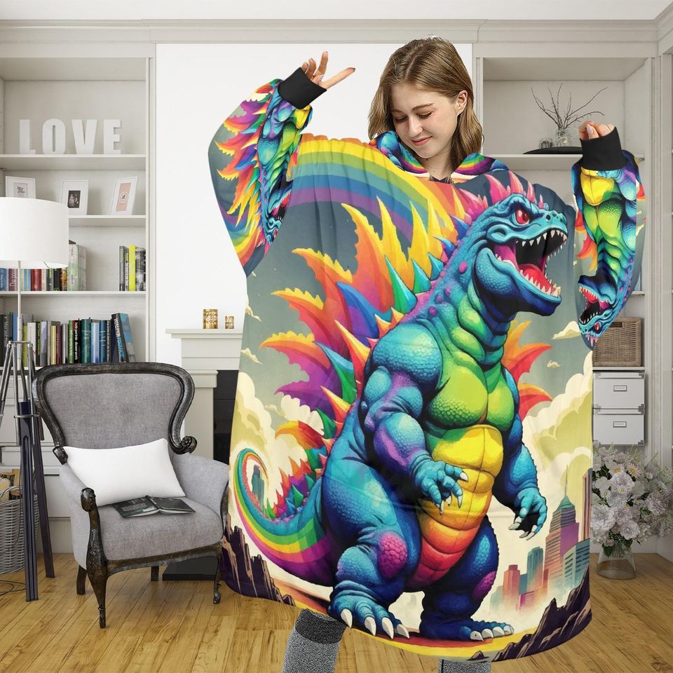 Blanket Hoodie blankets hoodie that is a blanket Retro Goddzilla Goji Kaiju Rainbow Art