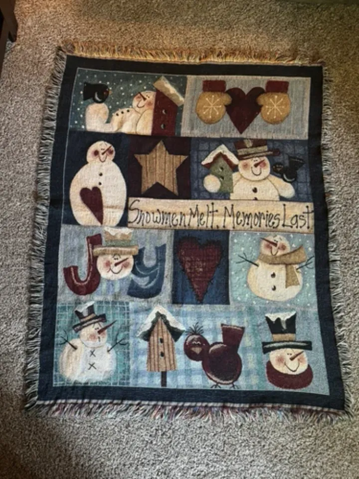 Winter Woven Tapestry Throw Blanket Snowmen Melt Memories Last Wall Hanging EUC