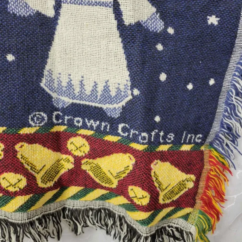 Vintage Crown Crafts Christmas Angel Woven Throw 62 x 50 Fringe Afghan Cotton
