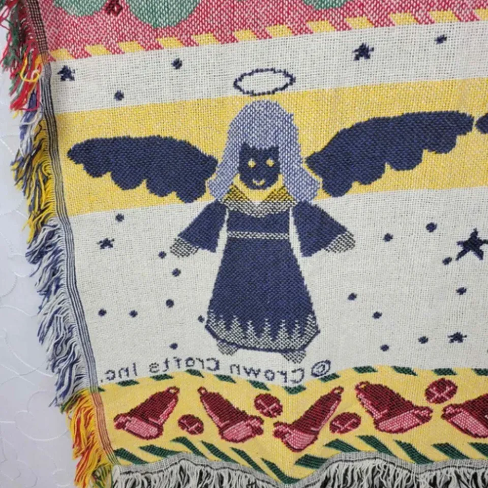 Vintage Crown Crafts Christmas Angel Woven Throw 62 x 50 Fringe Afghan Cotton