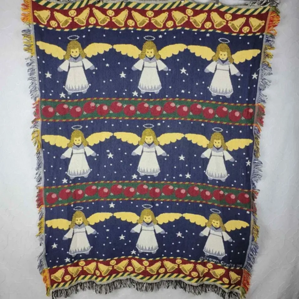 Vintage Crown Crafts Christmas Angel Woven Throw 62 x 50 Fringe Afghan Cotton