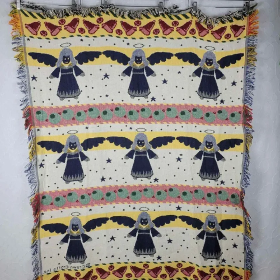 Vintage Crown Crafts Christmas Angel Woven Throw 62 x 50 Fringe Afghan Cotton