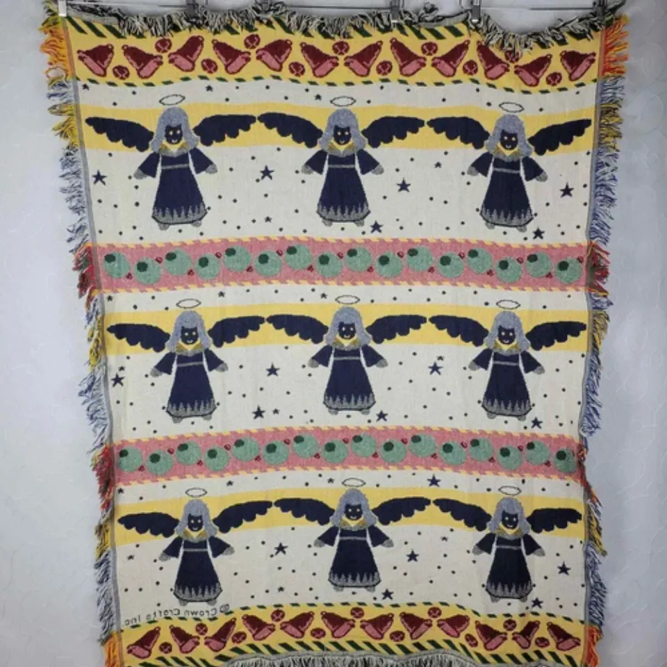 Vintage Crown Crafts Christmas Angel Woven Throw 62 x 50 Fringe Afghan Cotton