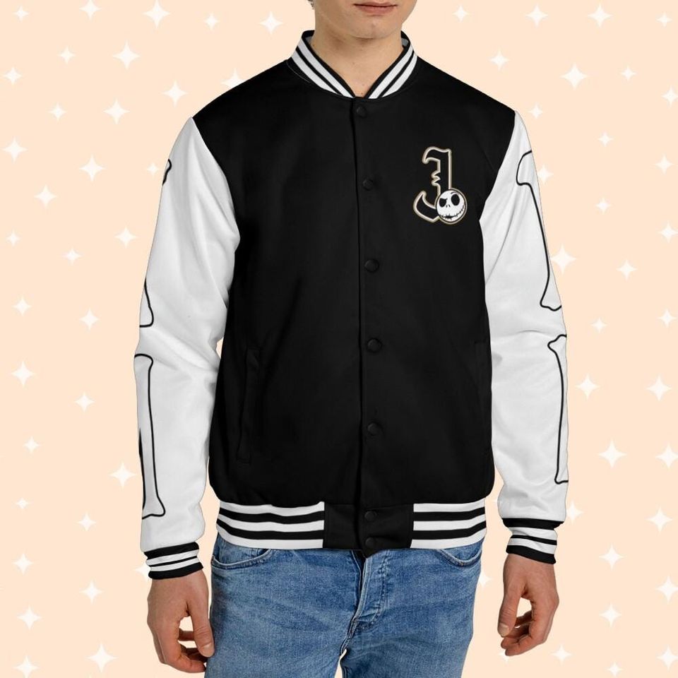 Personalize Disney Jack Skellington Black, Adult Varsity Jacket, Personalized Disney Jacket