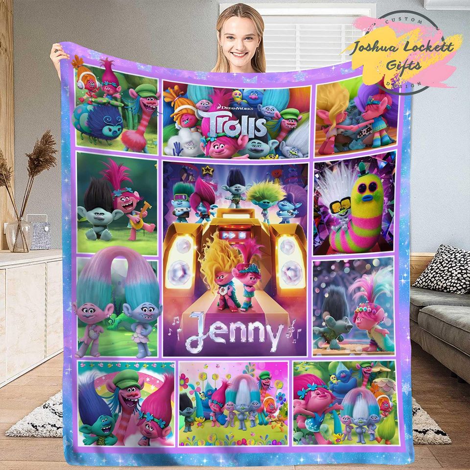 Personalized Trolls Throw Blanket, Custom name Trolls Band Together Quilt Blanket, Poppy Trolls Birthday Blanket, Troll Family Blanket