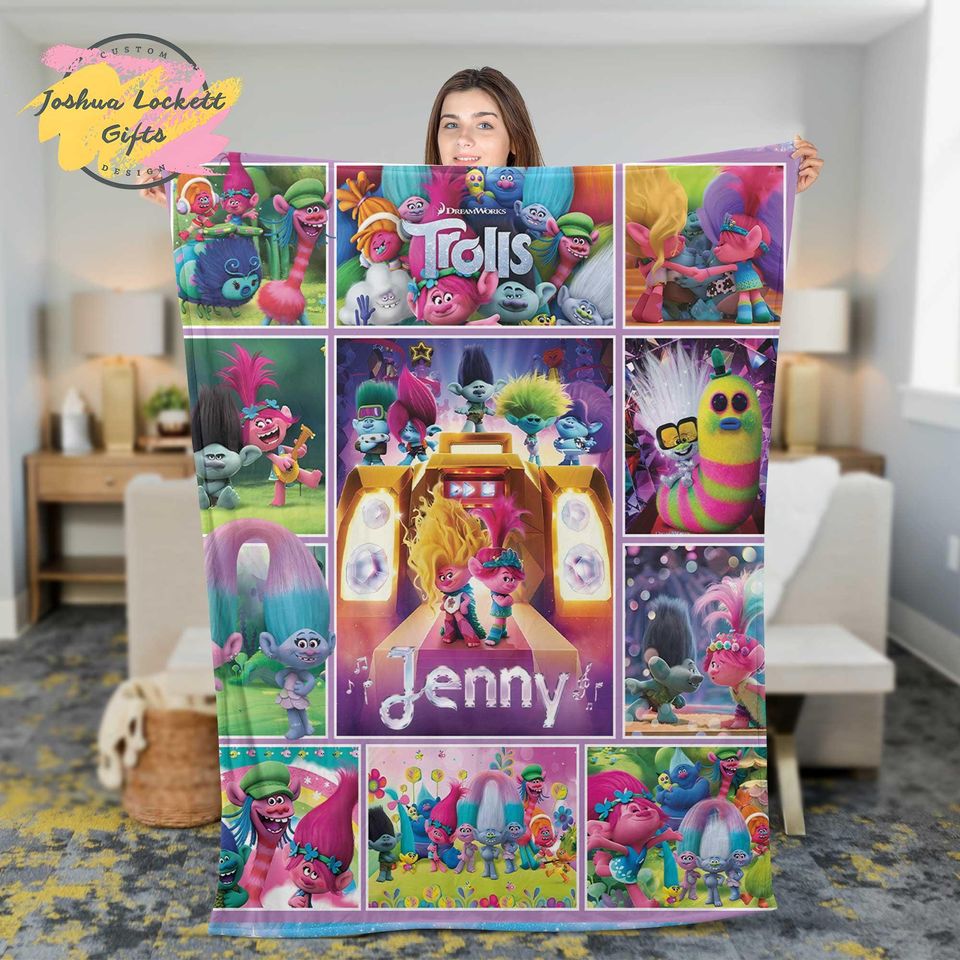 Personalized Trolls Throw Blanket, Custom name Trolls Band Together Quilt Blanket, Poppy Trolls Birthday Blanket, Troll Family Blanket