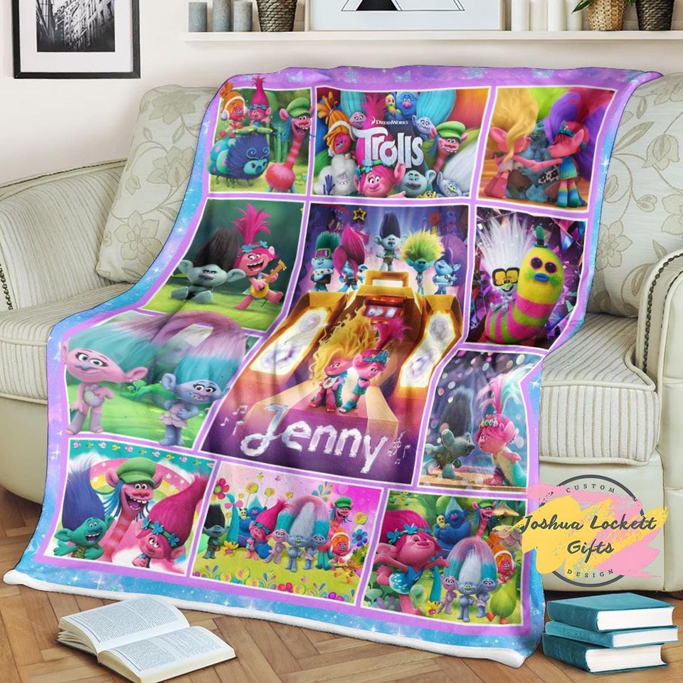 Personalized Trolls Throw Blanket, Custom name Trolls Band Together Quilt Blanket, Poppy Trolls Birthday Blanket, Troll Family Blanket