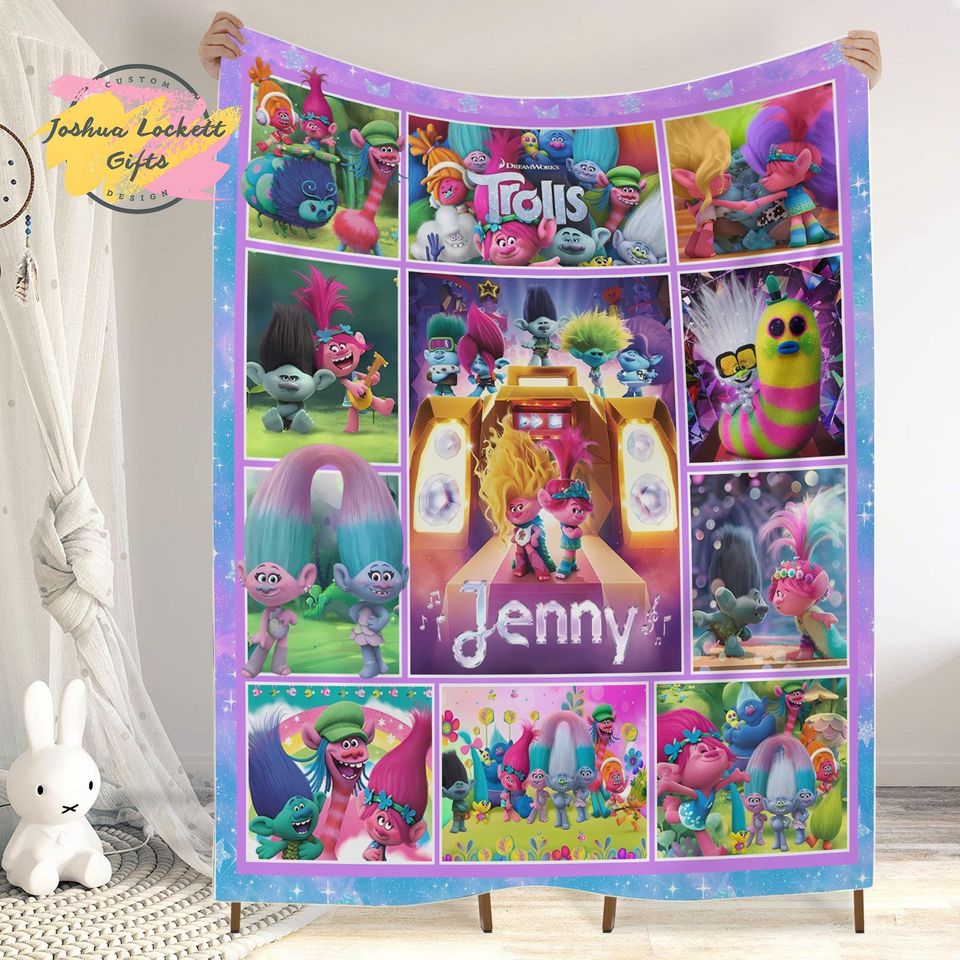 Personalized Trolls Throw Blanket, Custom name Trolls Band Together Quilt Blanket, Poppy Trolls Birthday Blanket, Troll Family Blanket