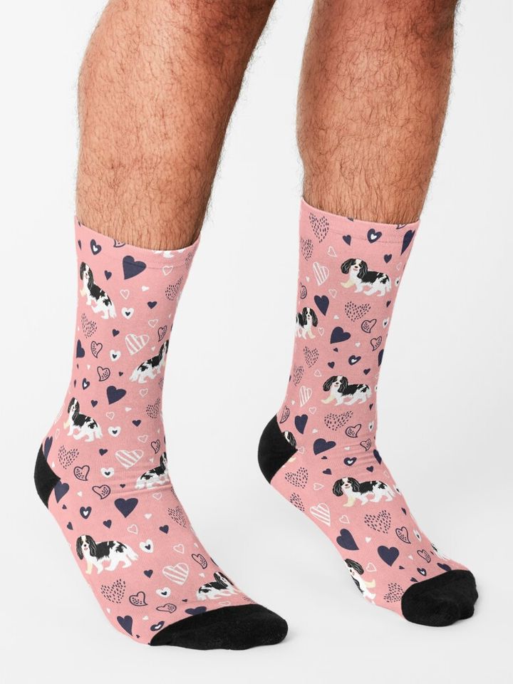 Love Black and White Cavalier King Charles Spaniel - Pink Socks