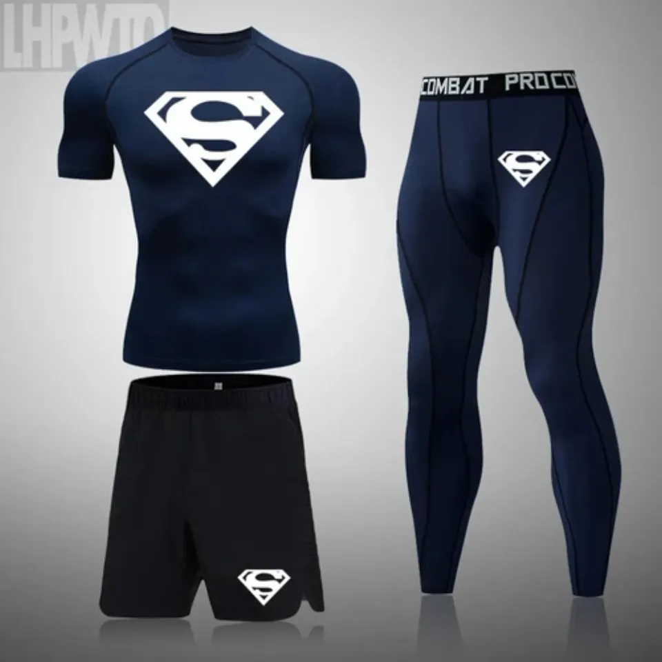 NEW Superman Men Compression T Shirt Quick Tight Set Men Exercise Training Suit