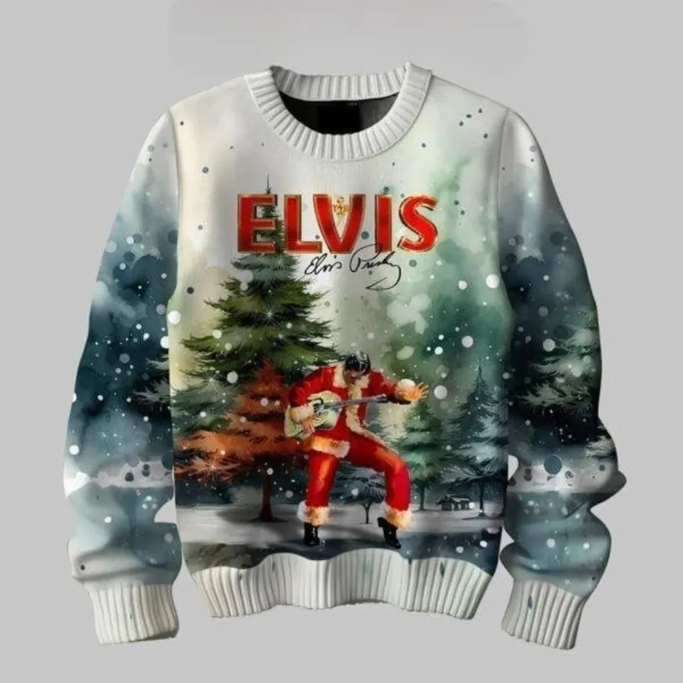 Elvis Presley Santa Is Back In Town 2024 Blue Christmas Ugly Sweater