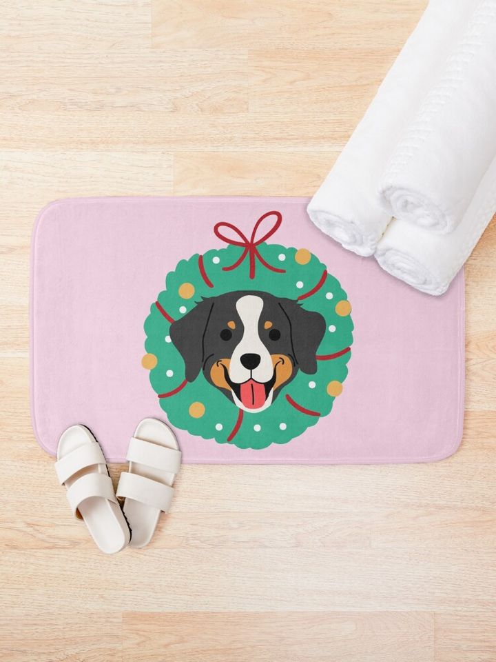 Bernese Mountain Dog Christmas Wreath Bath Mat