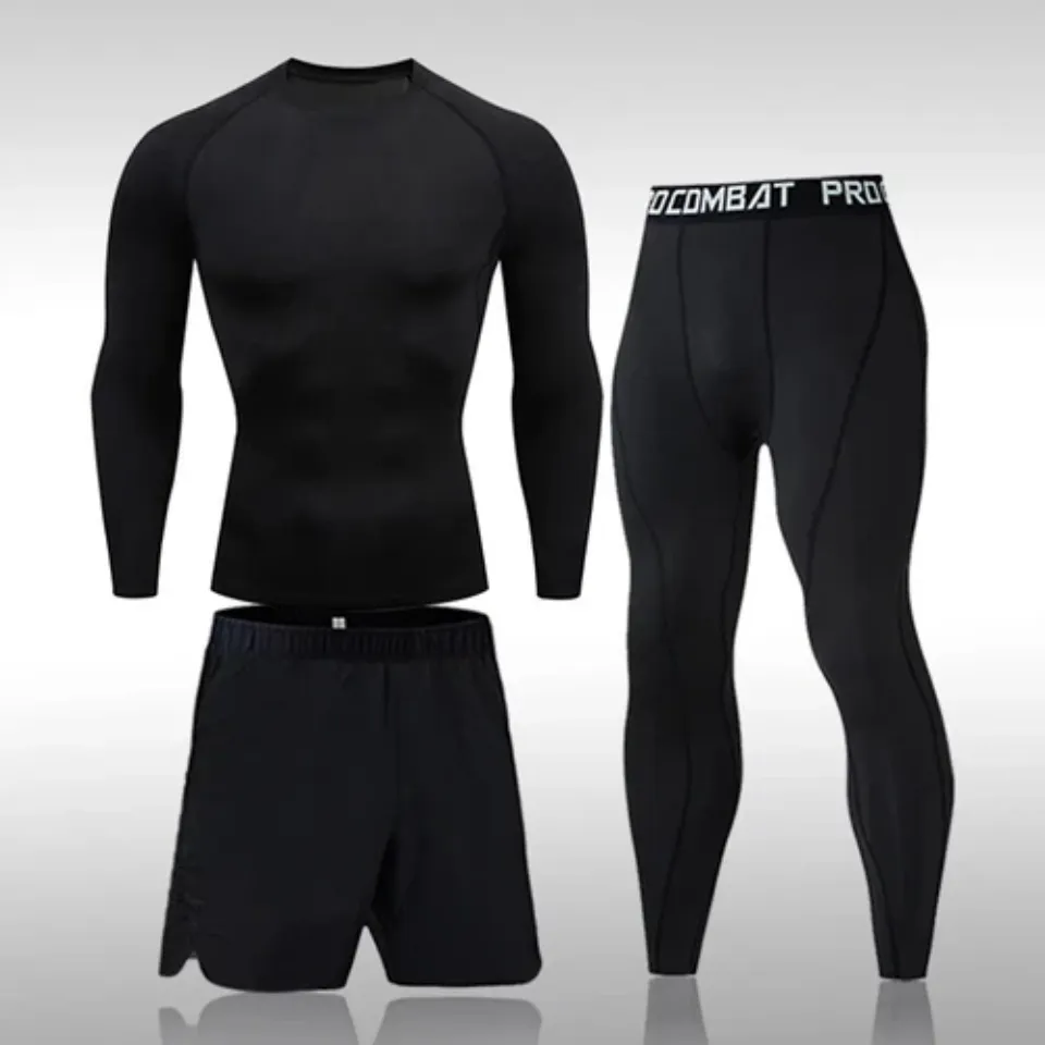 Mens 3 PCS Polyester Running Gym sport Compression Clothing Sports Tracksuit Men