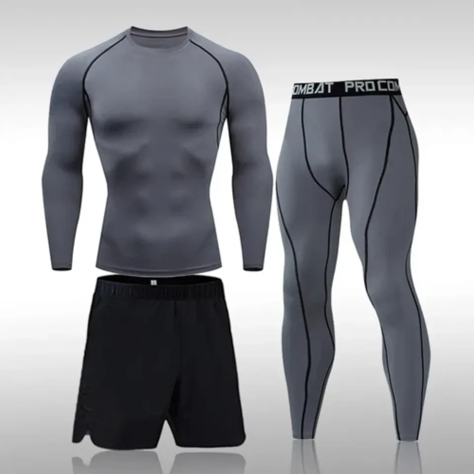 Mens 3 PCS Polyester Running Gym sport Compression Clothing Sports Tracksuit Men