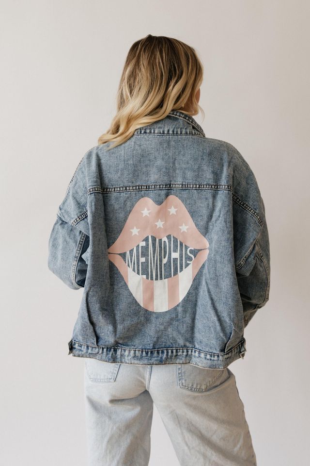 Memphis Rose Pink Lips Print Denim Jacket