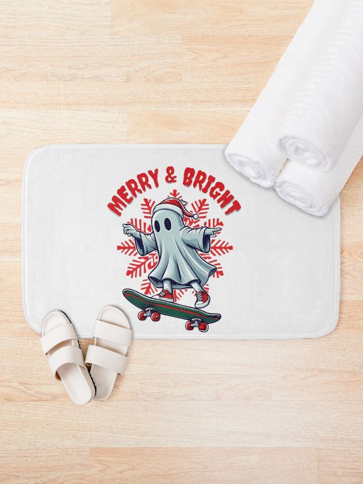 Christmas Skateboard Ghost-Merry and Bright Bath Mat
