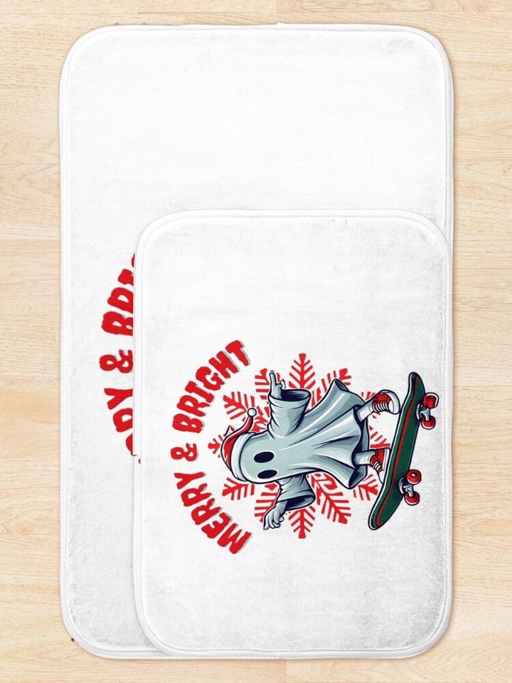Christmas Skateboard Ghost-Merry and Bright Bath Mat